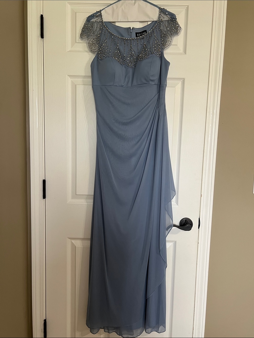 Sleeveless Light Dusty Blue Beaded Neckline Wedding Dress